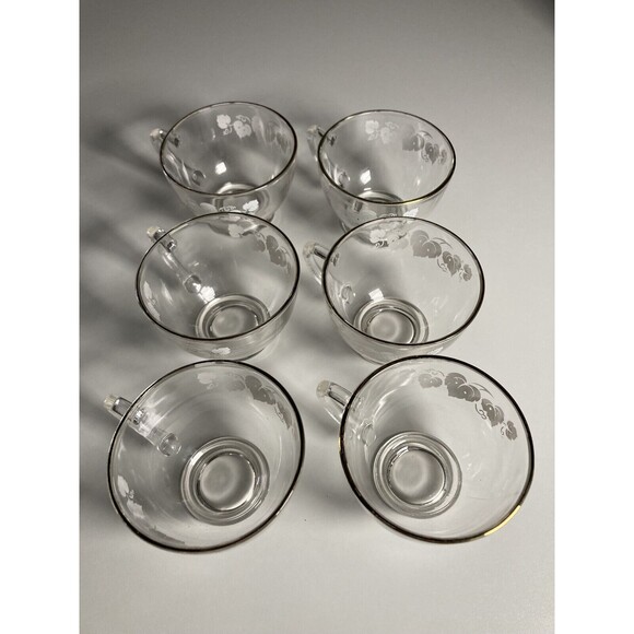 Anchor Hocking Glass Punch Cup Set (6) • White Grape Leaves • Gold Rim • Vintage - Picture 2 of 16